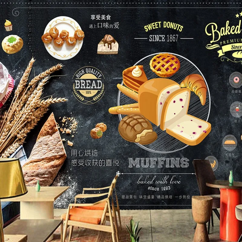 Прямая поставка пользовательские обои Винтаж еда выпечки магазин фон для пекарни стены дизайн обои настенные фрески