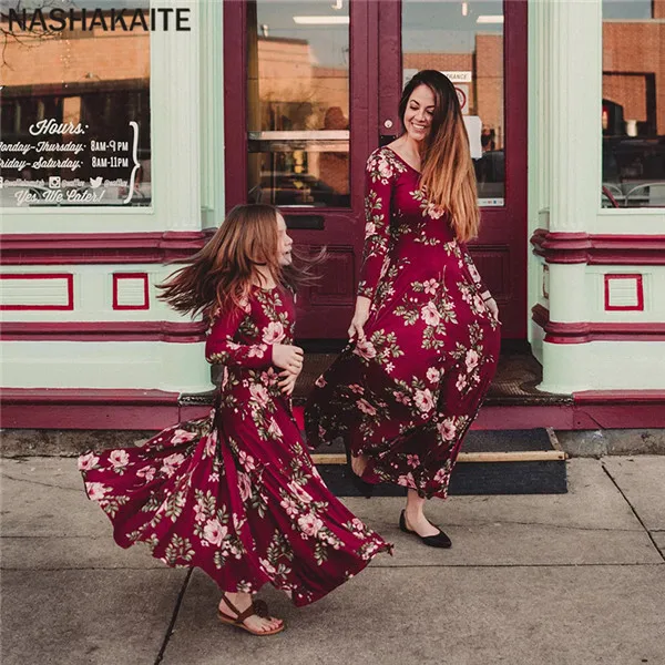 NASHAKAITE Mom and daughter dress Wine Floral Party Long Dress Mom and daughter matching clothes Family matching clothes