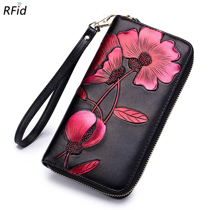 RFid Wallet Female Women Purse Flower Genuine Leather Carteria Clutch Vintage Long Multifunction font b Phone