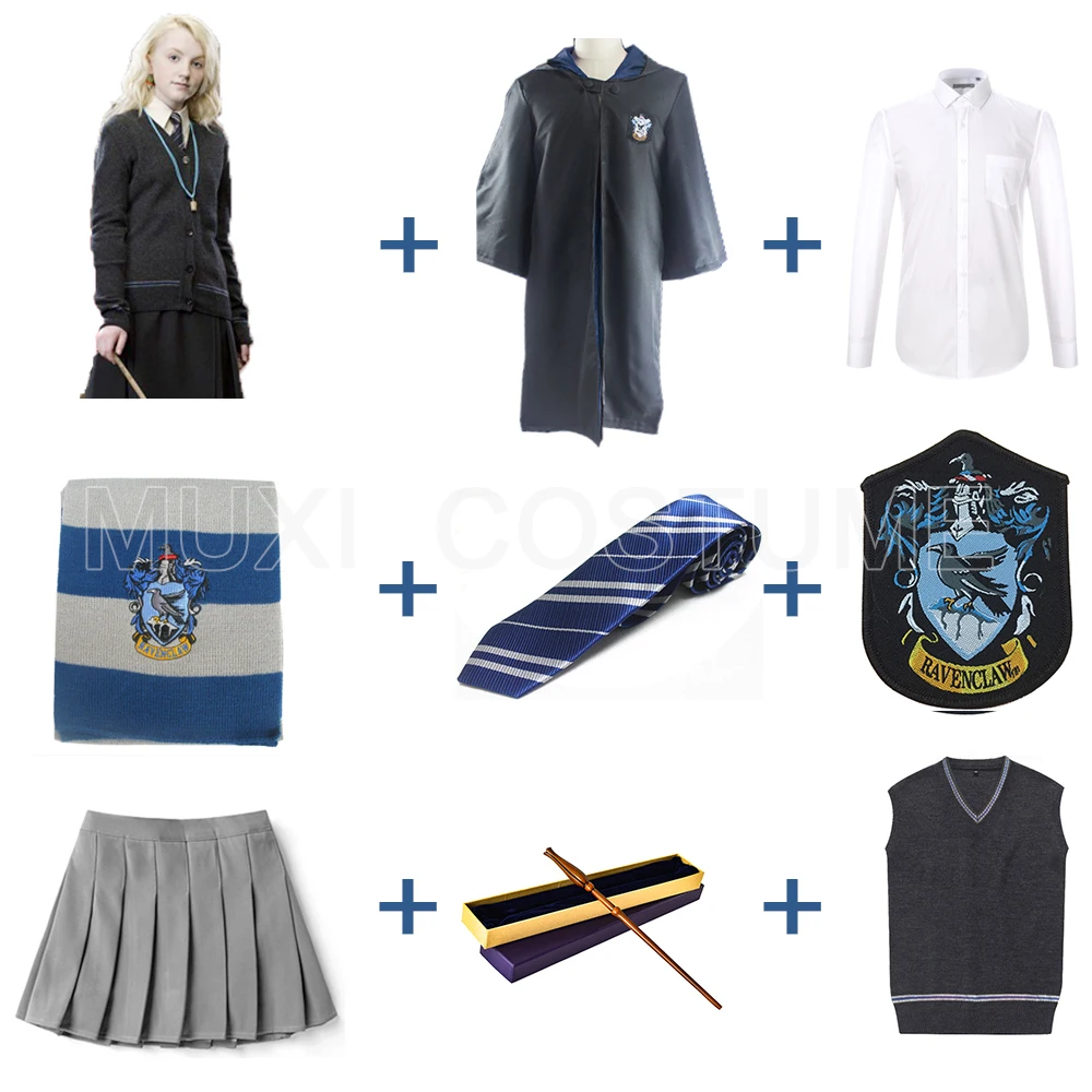Luna Lovegood Косплей халат Плащ пуловер свитер рубашка юбка галстук значок шарф палочка Харрис костюм