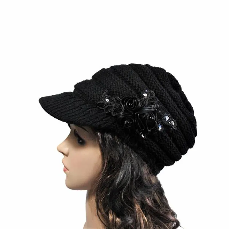 

Woweile#5001 2016 Korean version of the new autumn and winter ladies hat brim Sequin applique and tide knit cap