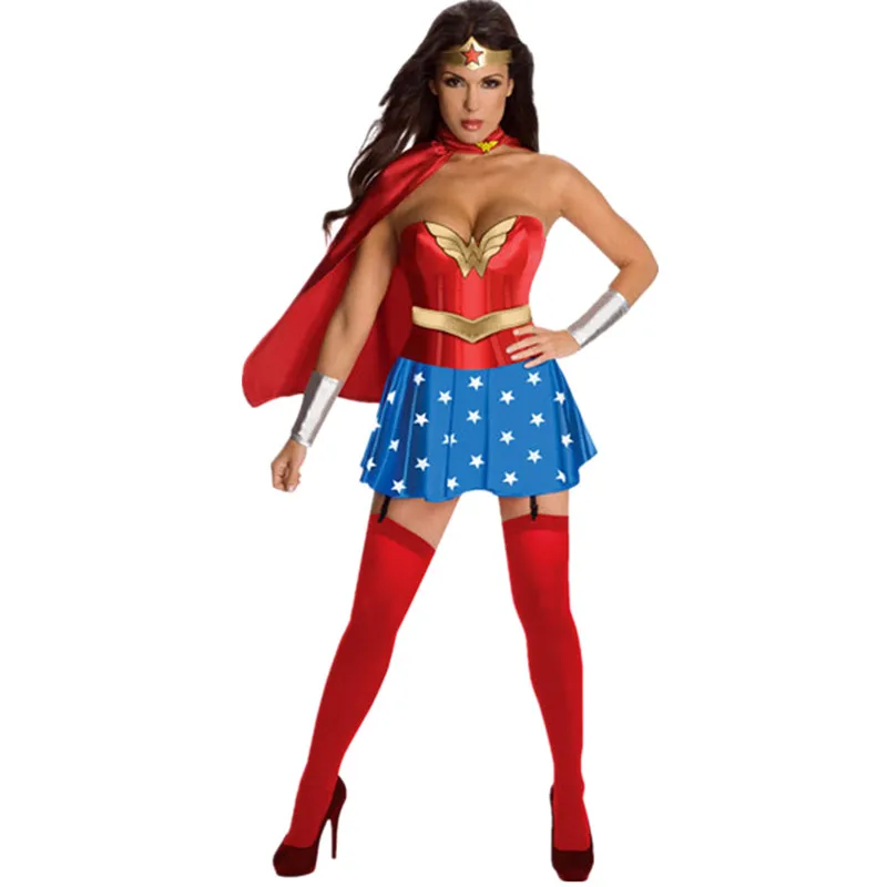 Женский Хэллоуин сексуальный костюм Чудо-Женщина супергерой косплей нарядное платье с плащом