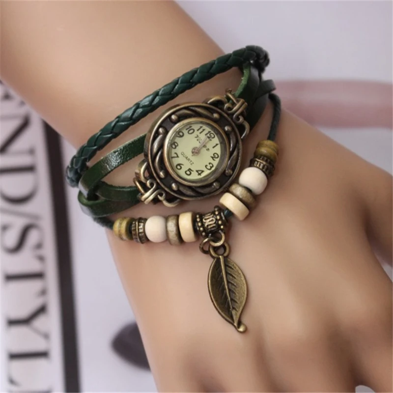 

2017 New Fashion Vintage Quartz High Quality Leather Bracelet Wrist Watch Women Dress Watchs Wrap Tree leaf Pendant Synthetic