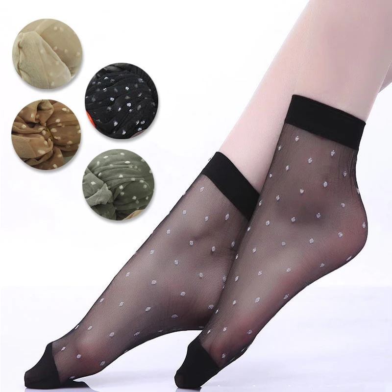 20Pcs=10Pair/Lot 2019Hot Sale Cool Breathable Summer Style Sexy Black Skin Socks Pure Color Dots Women Girls Nylon Crystal Socks