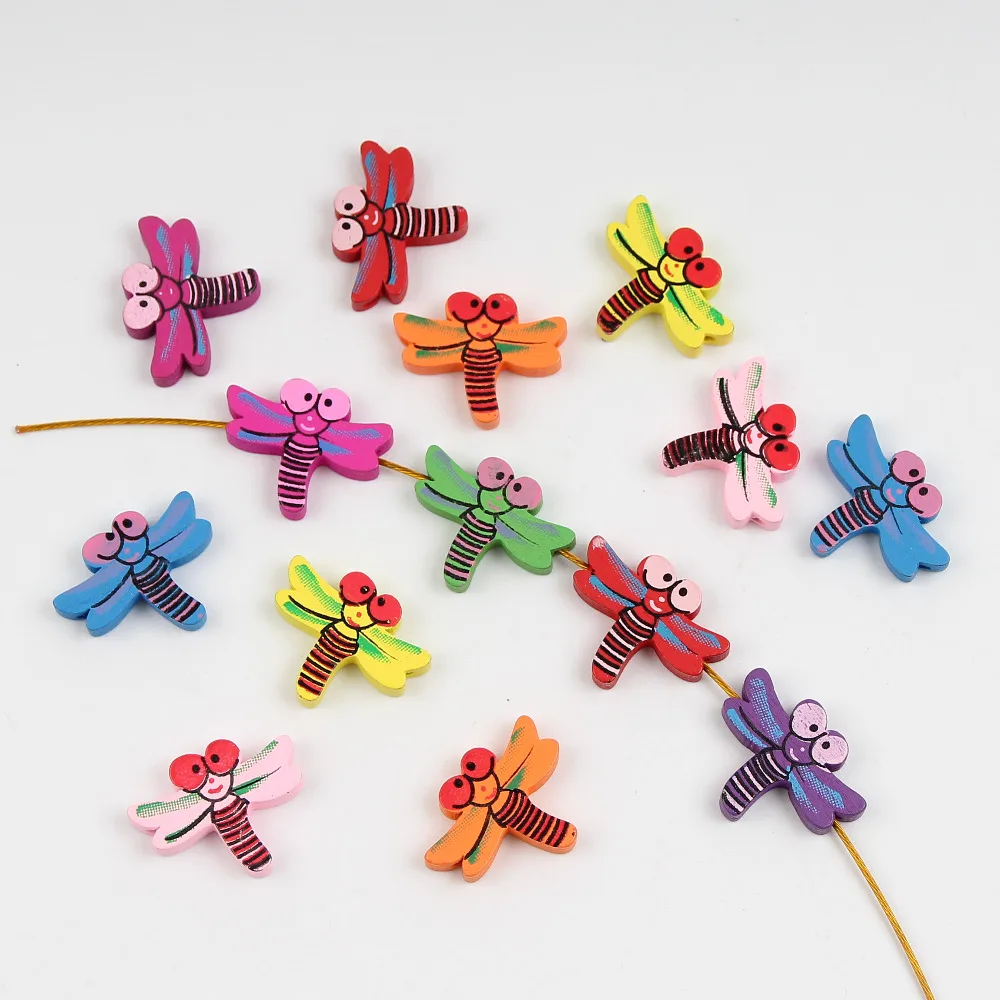

DIY 50pcs 20x26mm Wooden Beads Cuteness Dragonfly Pattern Spacer Wood Beads for jewelry Making