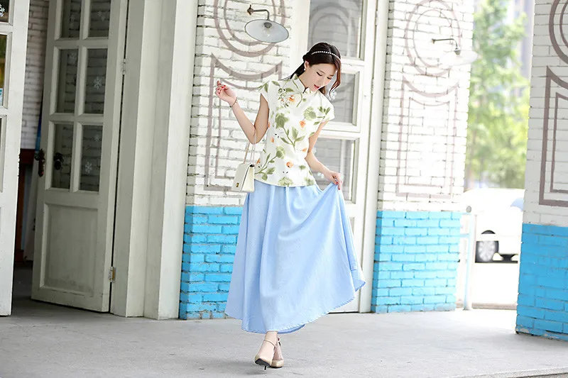 Шанхай история смесь льняная длинная юбка весна лето Юбки китайский стиль богемные небесно-голубые Юбки Повседневная бандажная юбка MQ222