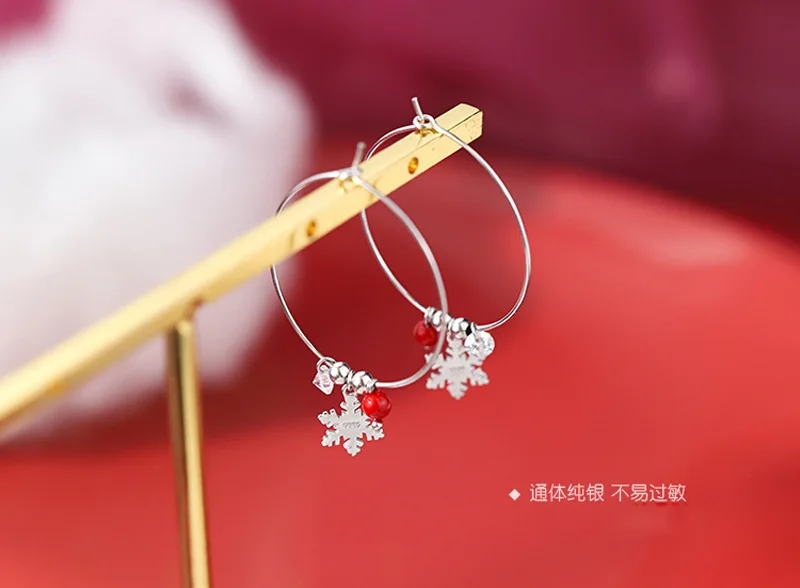 HTB1dsu5RyrpK1RjSZFhq6xSdXXaS - Silver Color Snowflake Crystal Round Circle Loop Earring Lucky Red Beads Pendant Hoop Earrings Fashion Jewelry For Women