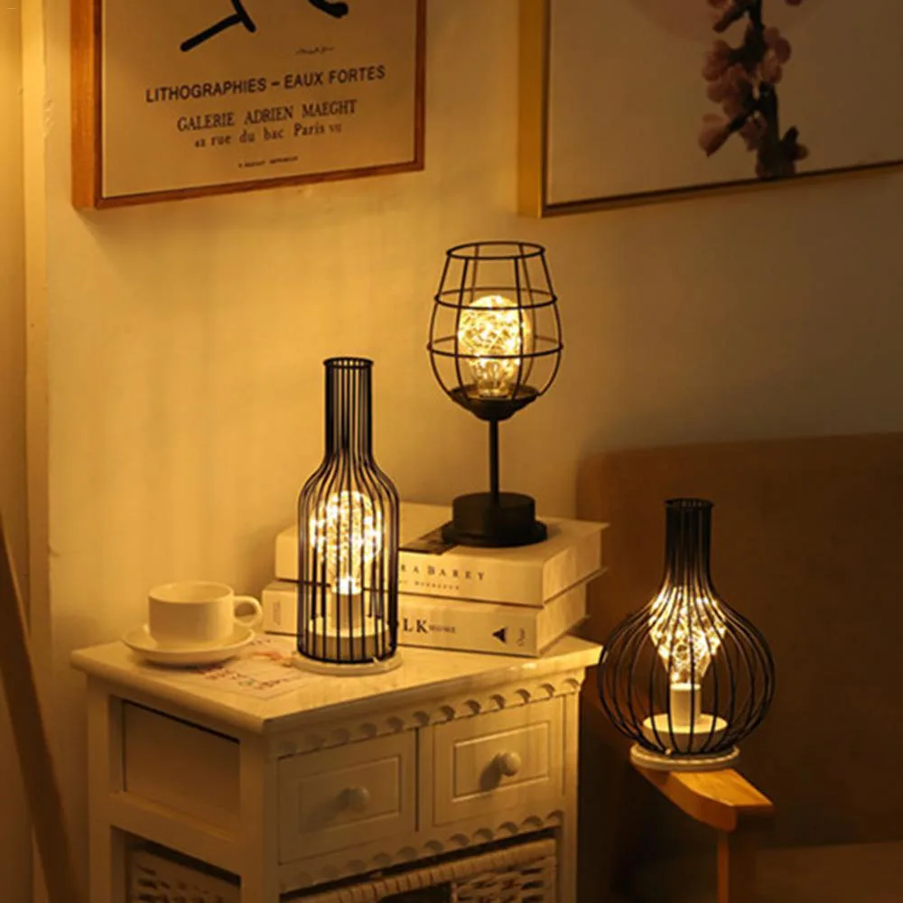 LED Retro Bulb Iron Table Winebottle Copper Wire Night Light Creative Hotel Home Decoration Desk La