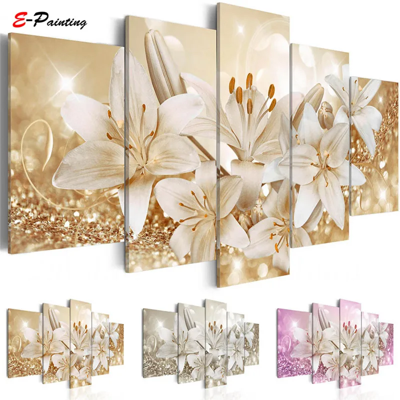 

Modern Canvas Painting 5 Pieces Lilies Flowers Wall Art Prints Beautiful Floral Poster Living Room Home Decor