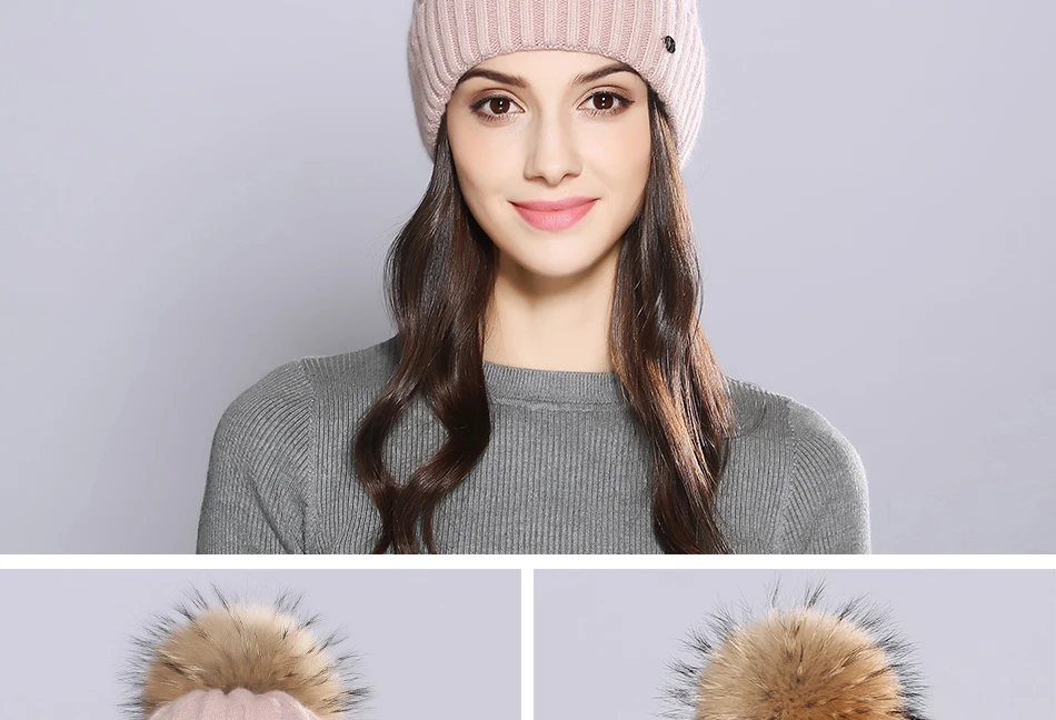 Woman Winter Hats Wool Skullies Beanie Raccoon Fur Pom Pom Stripe Knitted Hat Female Autumn Skullies Beanies  (12)