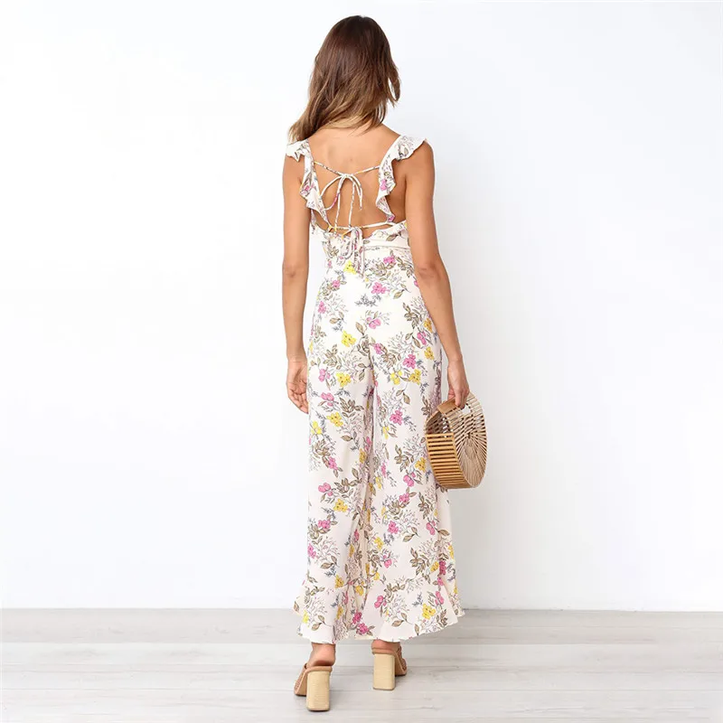 DORVIVON Chiffon Foral Print Jumpsuits Women 2019 Summer Ruffles Backless Sexy Wide Leg Long Pants Jumpsuit Casual Rompers Femme