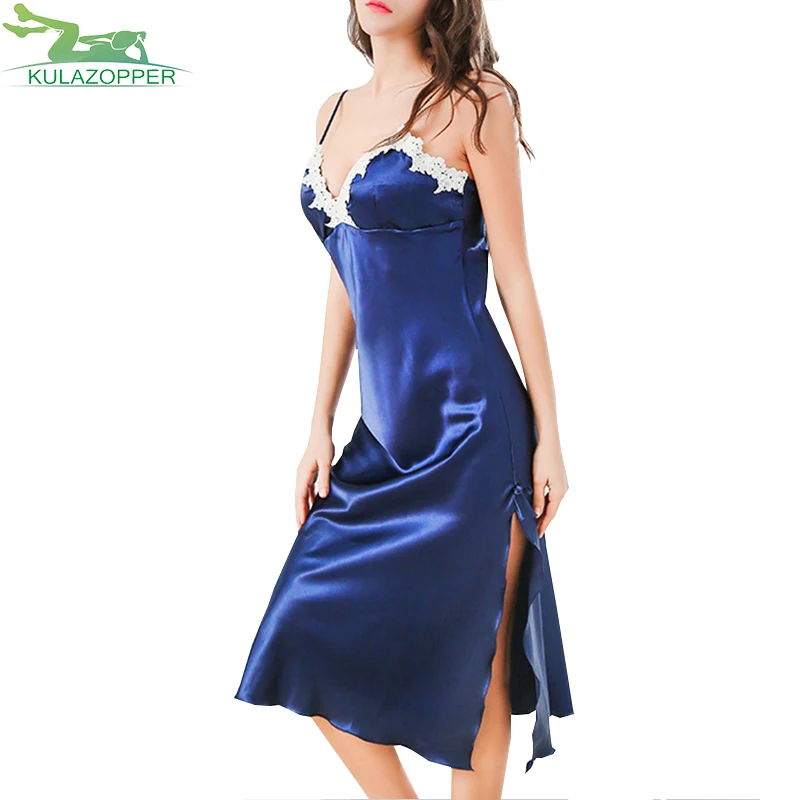 New Sexy Long Nightgown French Style Fashion Nightdress Women Deep V Neck Silk Satin Nightwear