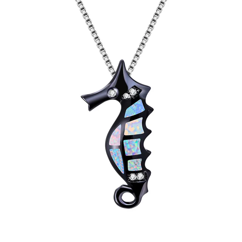 Роскошные женские Большие Морские лошади модные кулоны, ожерелья белый синий огонь ожерелье с опалом серебряное свадебное ожерелье s для женщин - Окраска металла: Black White Opal