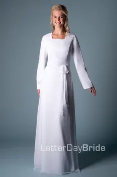 

Simple White A-line Floor Length Modest Full Long Sleeves Sashes Chiffon Temple Wedding Dress With Sleeves