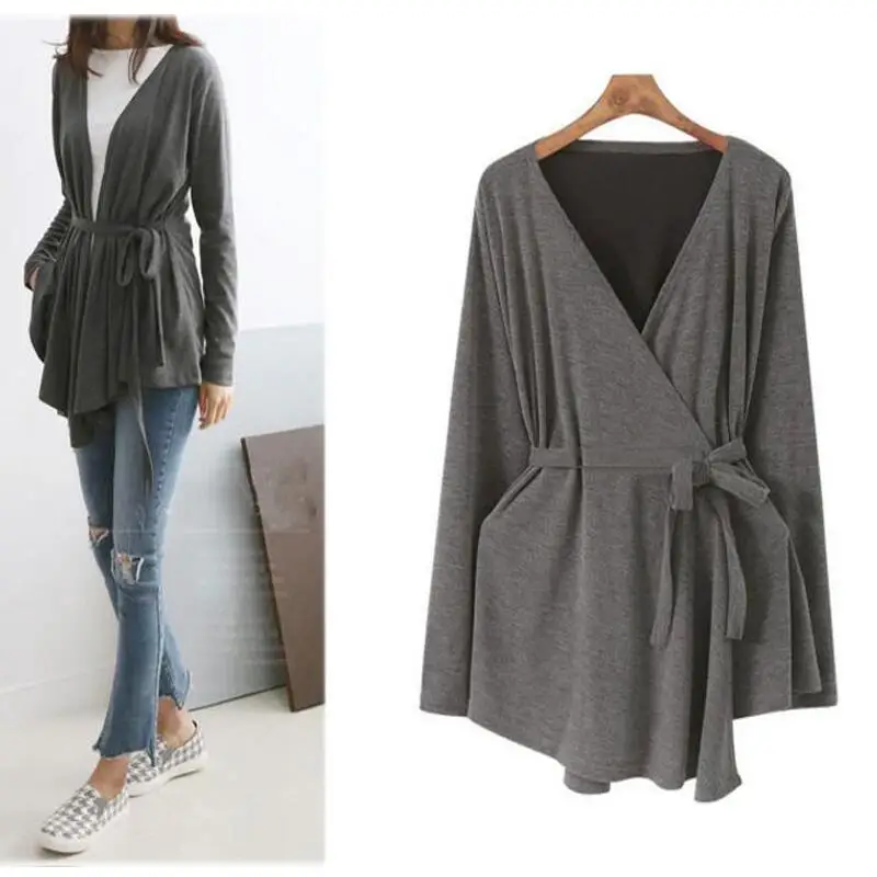 Женский трикотажный кардиган с асимметричным подолом и поясом|long sleeve kimono|blouses