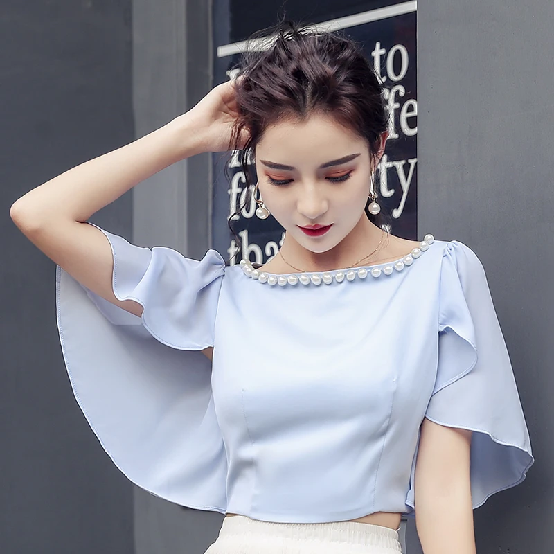 

Fashion Short high waist Chiffon Women's Tops Summer New Garment Short Sleeve Pearl Neck Blouses shirt Batwing Sleeve 914B7