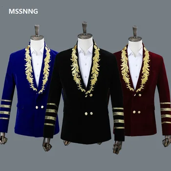 

MSSNNG Men's Shawl Collar Royal Blue Suede Embroidery Loose Suit Jacket Stage Show Singer Double-breasted Men Blazer Designs