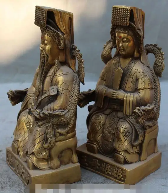 

S1667 9"Chinese Bronze Seat Dragon Chair Jade Emperor Queen Mother Lovers Statue Pair