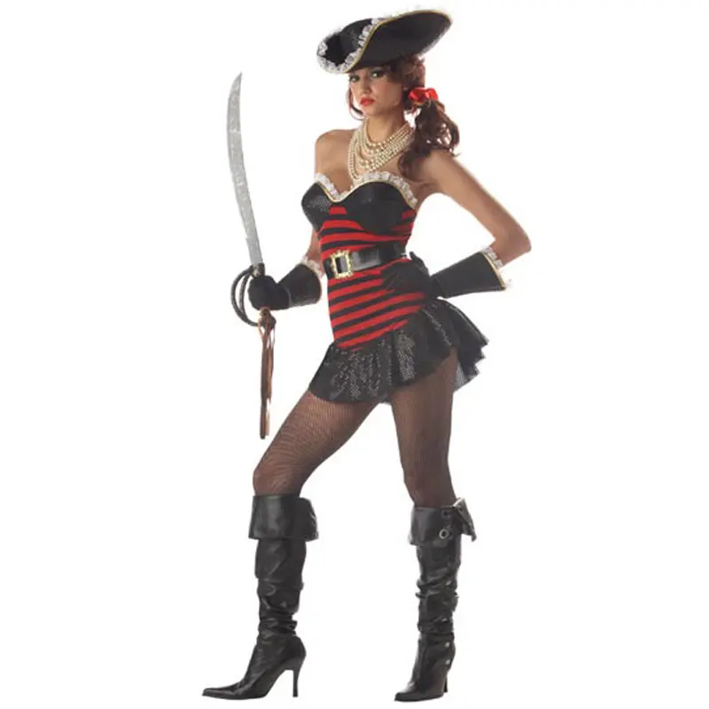 

New Halloween Costumes For Women Movie Cosplay Clothes black and red stripe pirate costume hat female dress Medival Pirate Cos