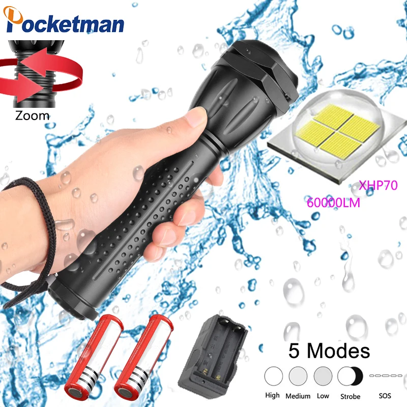 

2019 New Super Bright HIGH POWER LED Flashlight XHP70 Waterproof Zoomable Aluminum Alloy 5 Modes z45