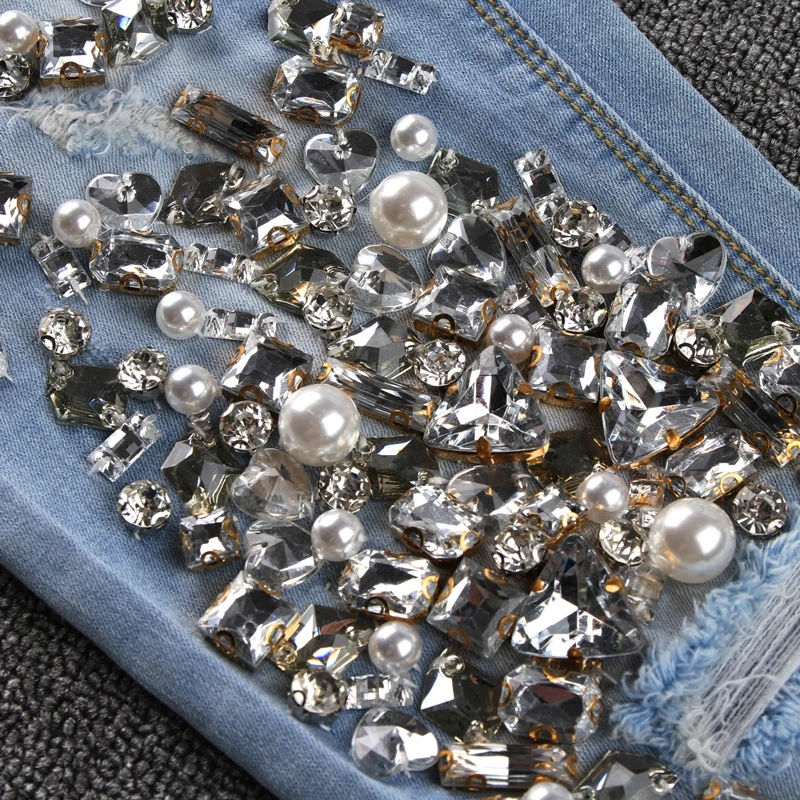 Denim Bling Vaqueros De Jeans High Street 00145 A Cristal Hecho Pantalones Mujer Diamantes Rasgado Lápiz Mano Vintage Agujeros gqwO1rg