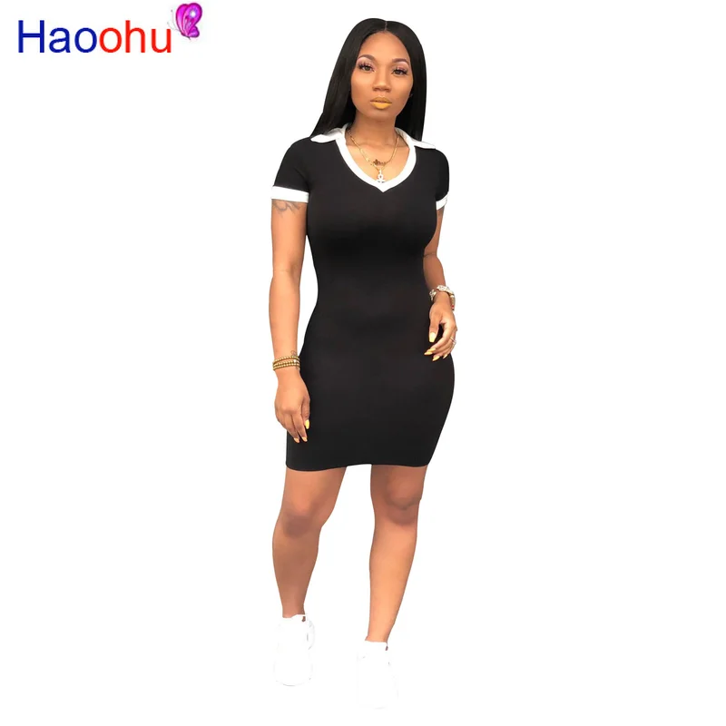 HAOOHU T Shirt Dress Solid V-neck Short Sleeve Slinky Bodycon mini paragraph Summer Clothes For Women Plus Size -XXL | Женская одежда