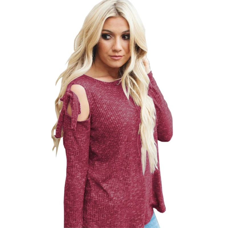 High-Quality-Autumn-T-shirts-Women-Long-Sleeve-Solid-stripe-Sexy-Off-Shoulder-Bow-Strappy-tees