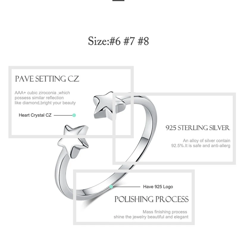 ELESHE 100% 925 Sterling Silver Finger Rings For Women Double Star Design Vintage Silver Jewelry Open Ring For Lover Best Gifts