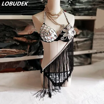 

Silvery Crystals tassels Bikini Costume sexy Bar DJ stage Pole dancing Performance dance suit Club female Jazz singer Rock show