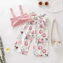 Топы с цветочным принтом для маленьких девочек, жилет+ брюки, комплект одежды с бантом, 2 предмета, модные летние сарафаны