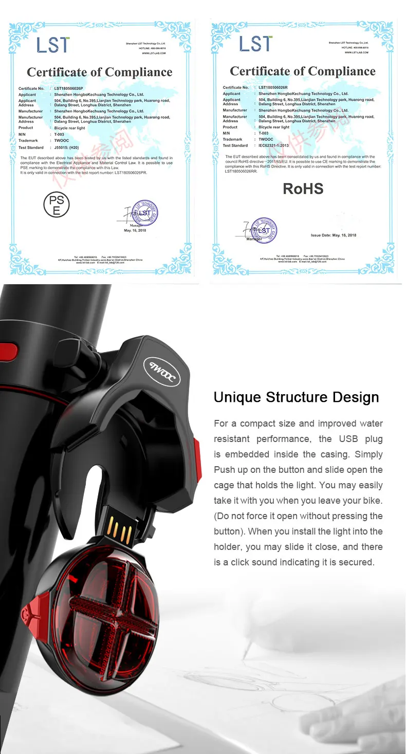 TWOOC, T-003, велосипедный задний светильник, Предупреждение о торможении, USB зарядка, велосипедный тормоз, лампа на 90 градусов, регулируемый ремень для рюкзака, защитный светодиодный фонарь