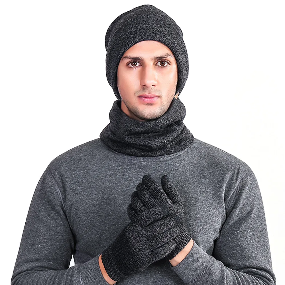 KLV мужские и женские однотонные теплые хлопковые вязаные зимние шерстяные вязаные перчатки нагрудник и шляпа костюм из трех предметов