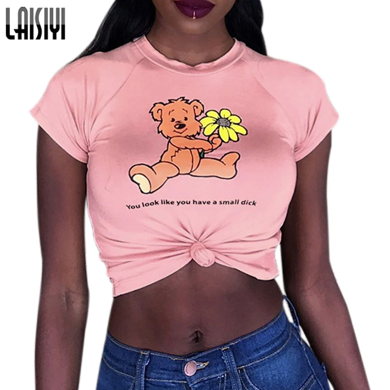

LAISIYI 2019 Cute Short Sleeve Crop Top Summer Casual Top T shirt Cute Women Cartoon Tee Shirt Pink Top Femme Fashion ASTS20378