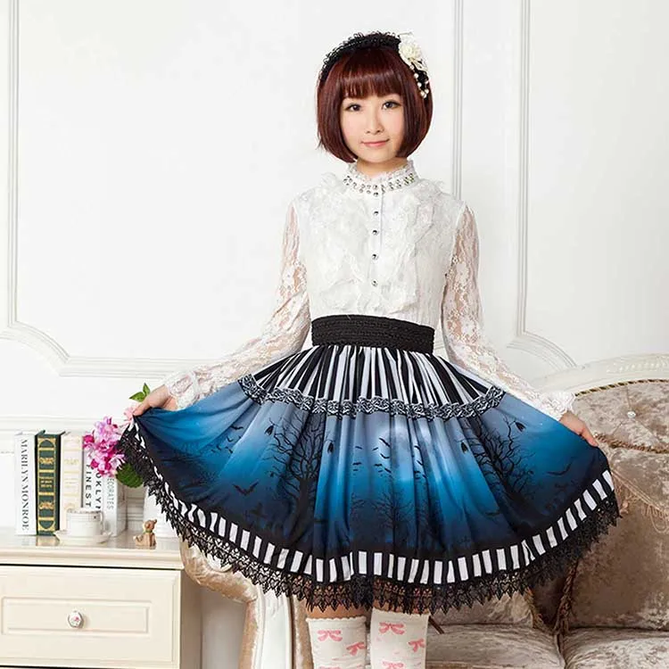 

2016 new summer Punk Lolita Skirts Blue Gothic Halloween Short Pleated Vintage High quality Girls Horror Forest Novelty Skirts