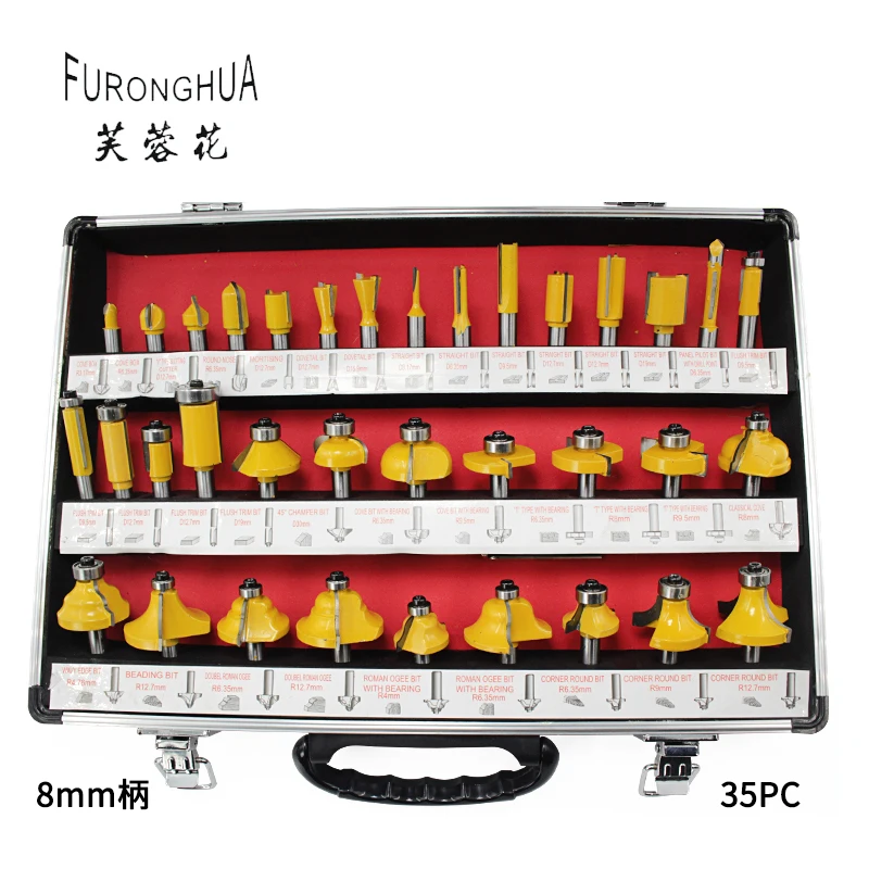 

Yellow woodworking cutter set 8mm handle electric wood milling trimming knife carving knife chamfering knife head set 35PC