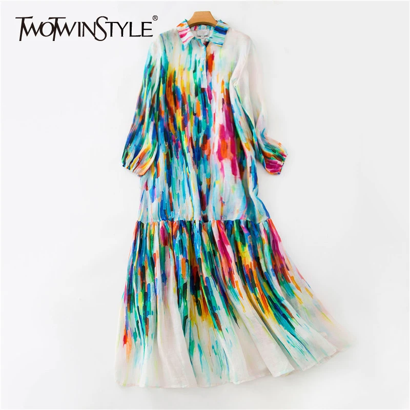 TWOTWINSTYLE Summer Colorful Women Dress Lapel Lantern Sleeve Button Loose Ankle Length Dresses Female Fashion 2020 New Tide TWOTWINSTYLE Summer Colorful Women Dress Lapel Lantern Sleeve Button Loose Ankle Length Dresses Female Fashion 2020 New Tide