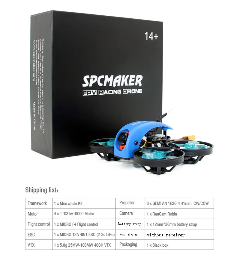 1 шт. SPCMAKER Mini Whale FPV гоночный Радиоуправляемый Дрон ультра светильник маленький 78 мм 1080P карта Запись 2-S RunCam ROBIN камера парящая
