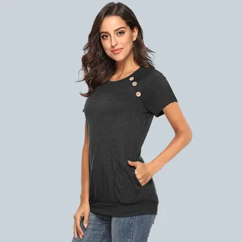 

2019 New Women's T-shirt Round Collar Pocket Button Short Sleeve Top Womens Clothing