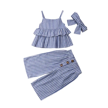 

2019 Children Solid Cute Outfit 3PCs Toddler Kid Baby Girls Clothes Set Ruffle Sleeveless Tops Shirt Wide Leg Pants Suit