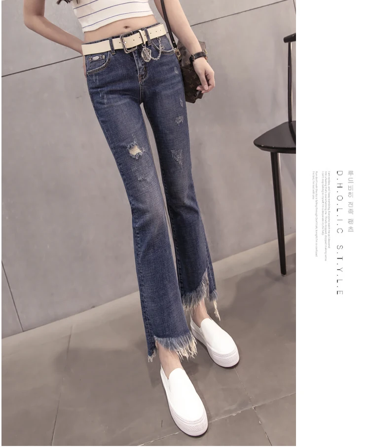 Новинка весны в Корейском стиле Модные Джинсы бойфренда Разделение вилка отверстие кисточкой расклешенные джинсы обтягивающие брюки для женщин из джинсовой ткани женские, с расклешенным Штаны