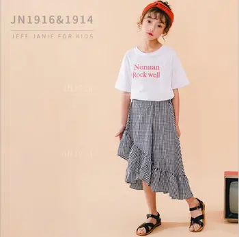 

2019 Korean style girls 2 pcs set t-shirt+ruffles plaid skirt fashion summer girls suit 4-9t B254