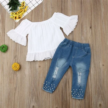 

Fashion Toddler Kids Baby Girls Clothes Set Off Shoulder Tops Shirt Pearl Denim Long Pants Jeans Summer Outfits Clothes Set
