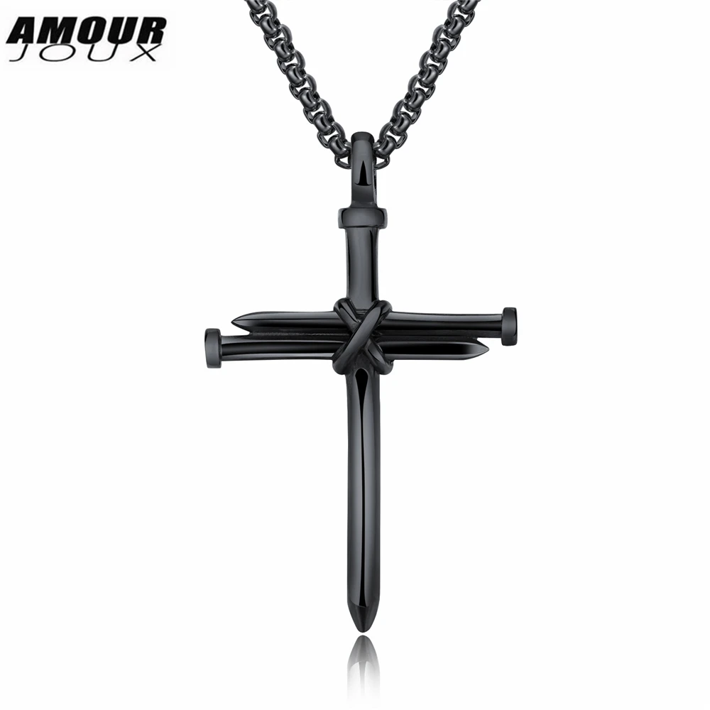 

AMOURJOUX Rock Nail Shape Gold Black Silver Color Hiphop Cross 316L Stainless Steel Pendant Necklaces For Men