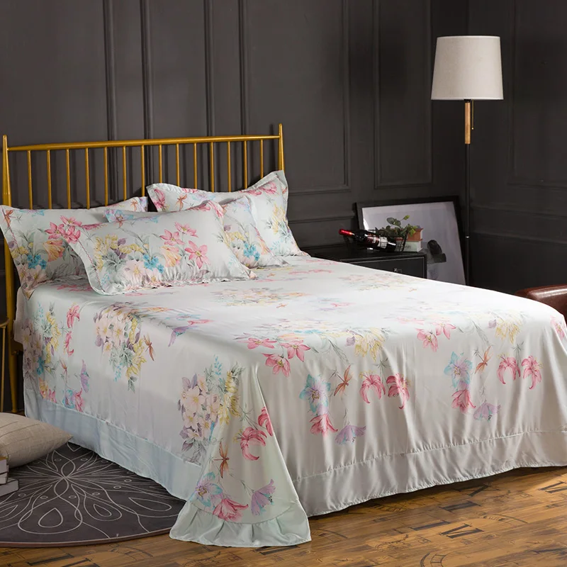 

Tencel Flat Sheet Floral Bedsheet Ultra Soft Breathable Summer Bedding Top Sheet Pillow shams Wrinkle Fade Resistant Good drape