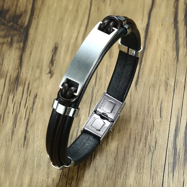 Aliexpress Personalized Custom Black Leather Id Bracelet Personalized Custom Black Leather Id Bracelet For Men Stainless Steel Tag Bangle Wristband Gift Him