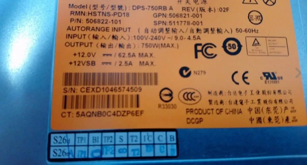 Бесплатная доставка spsr блок питания 750 Вт 506822 101 DL380 ML 370 G6 DPS 750RB 511778 001 для сервера