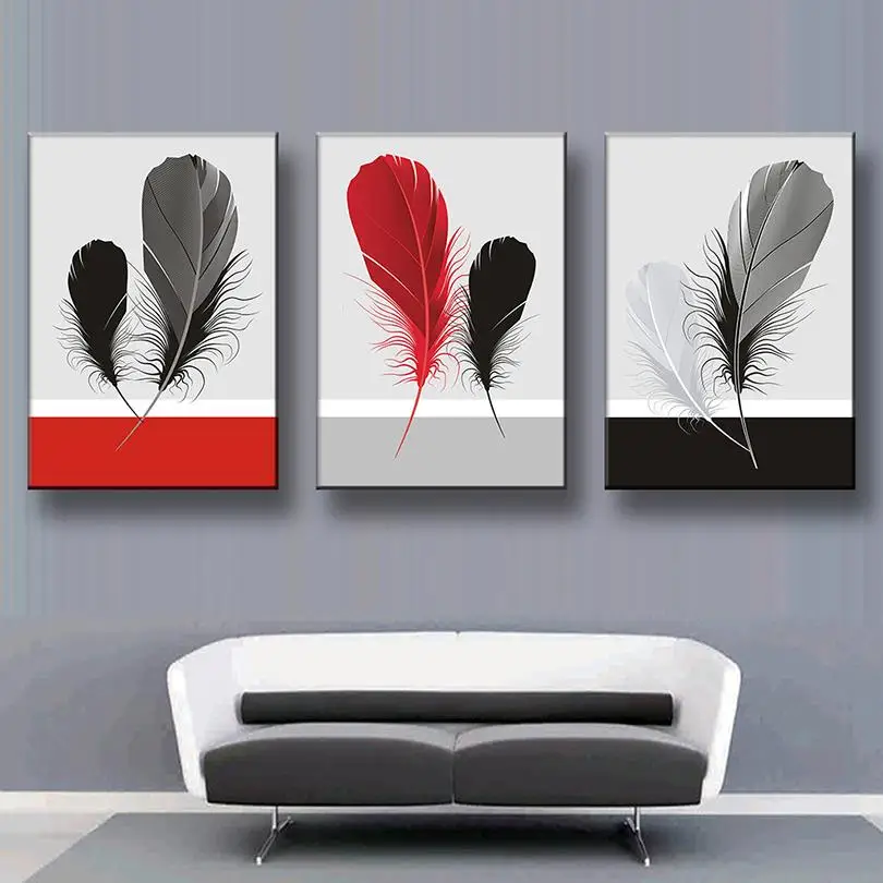 3 Pcs Set Still Life Feathers Artist Prints Painting On Canvas 3 Pcs Set Still Life Feathers Artist Prints Painting On Canvas Modern Minimalism Black Red Gray Feather Wall Art Home Decor In Calligraphy From