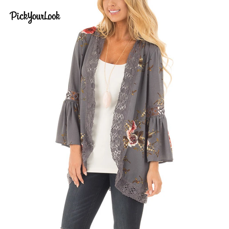 PickyourLook Women Cardigan Long Sleeve Female Tops Lace Cardigan Autumn Patchwork Floral Plus Size Lady Kimono Cardigan Outwear