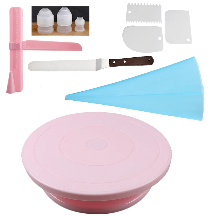 

27.5CM Rotating Cake Icing Deocrating Revolving Kitchen Display Stand Turntable with Cake Tools 10Pc/Set