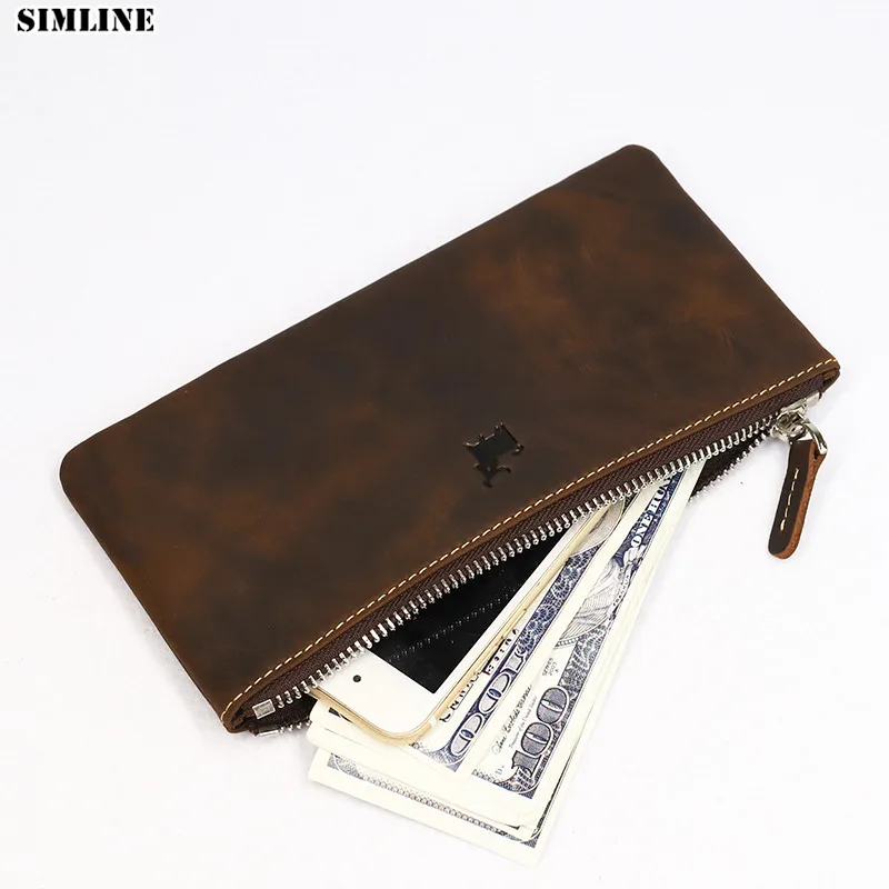 SIMLINE Genuine Leather Men Wallet Men&#39;s Vintage Long Zipper Slim Clutch Wallets Coin Purse ...